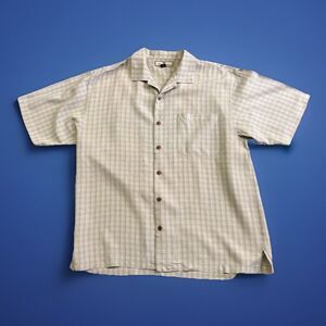 Tommy Bahama 100% Silk Shirt Men's Size Large Tan Plaid Button Down Short Sleeve